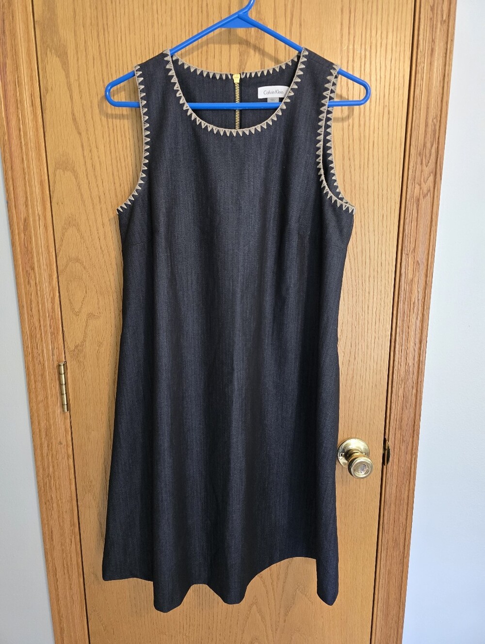 Calvin Klein Denim Sleeveless A-Line Dress with Cream Trim